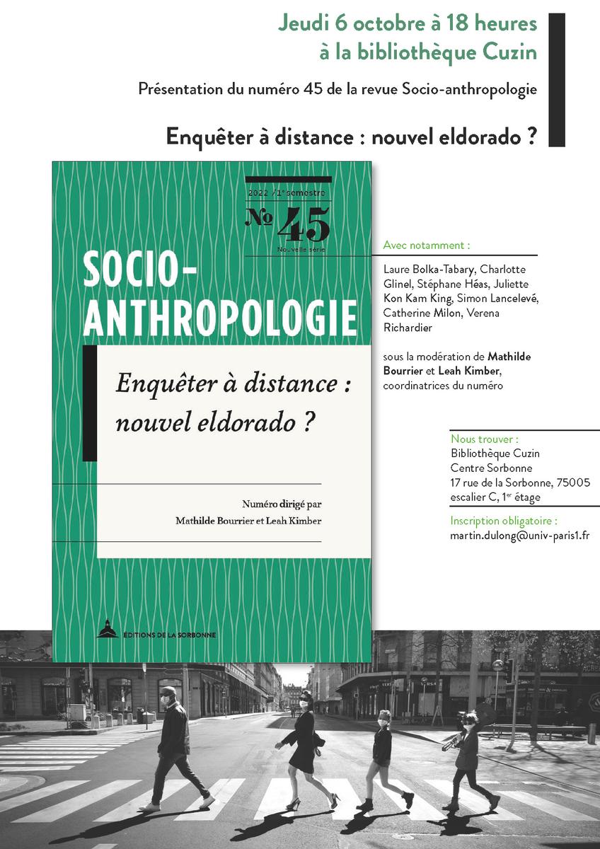 affiche d'annonce de la table ronde du numéro 45 de Socio-anthropologie à la bibliothèque Cuzin, avec notamment Laure Bolka-Tabary, Charlotte Glinel, Stéphane Héas, Juliette Kon Kam King, Simon Lancelevé, Catherine Milon, Verena Richardier, et sous la modération de Mathilde Bourrier et Leah Kimber